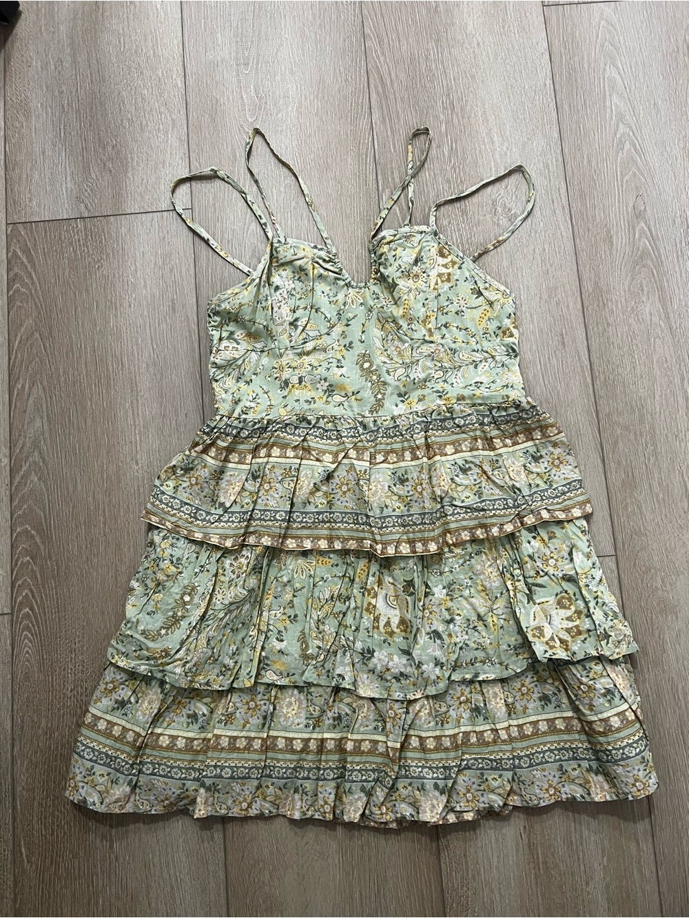 American Eagle Outfitters Green Floral Tiered Mini Dress